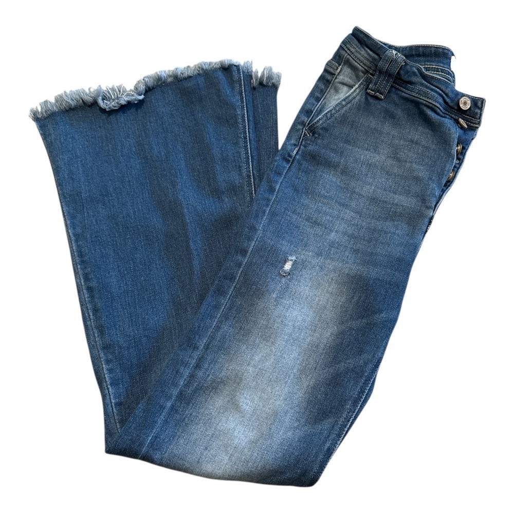 KanCan High Rise Flare Jeans 9 28 Distressed Raw Hem Button Fly Y2K Retro Boho - Picture 3 of 10